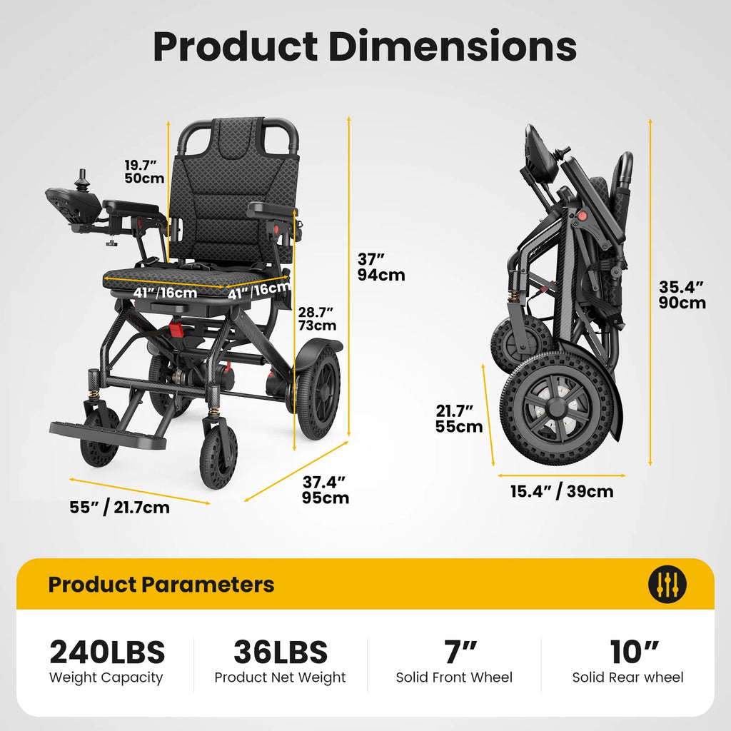 Lightweight Foldable Electric Wheelchair, 16 Miles Travel Range, Airline Approved