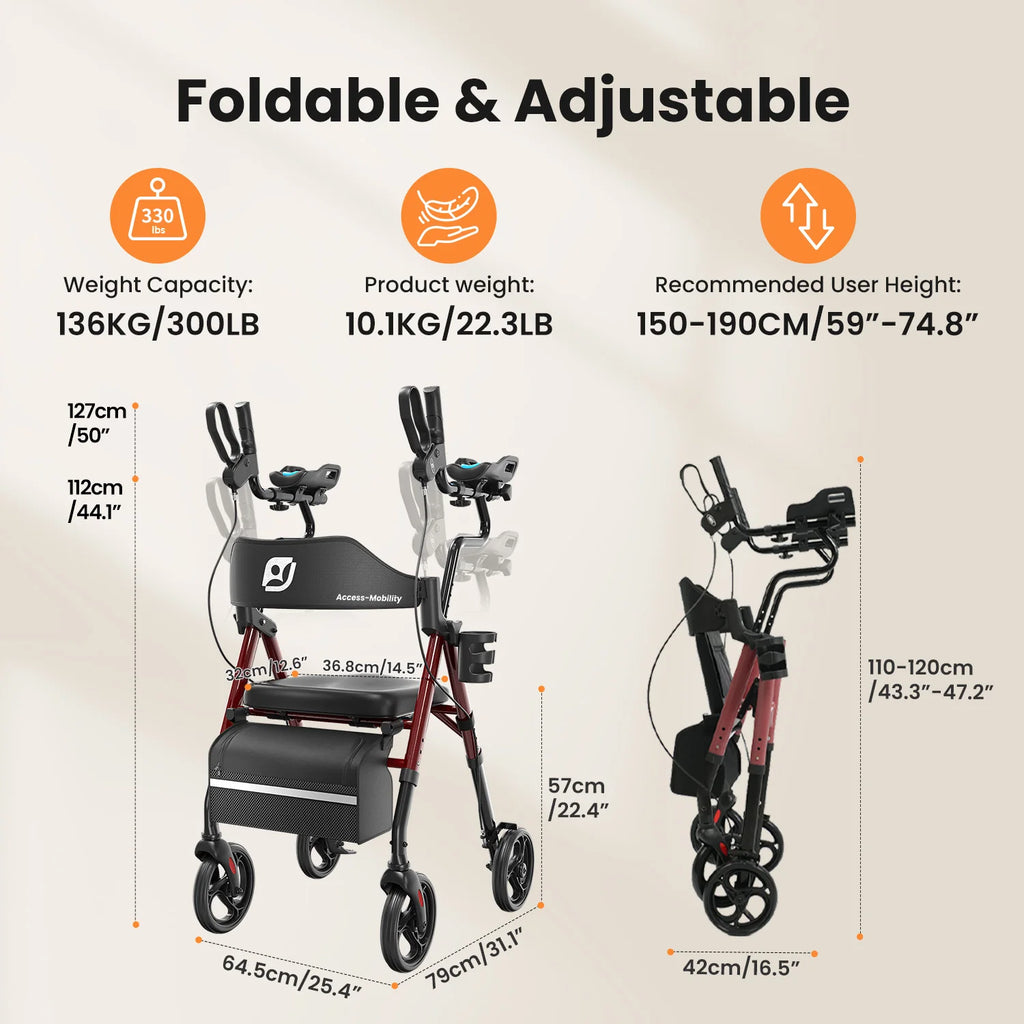 Stand Up Rollator Walker with Padded Seat and Backrest,