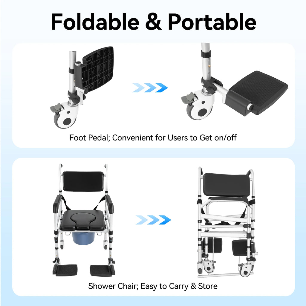 Foldable Rolling Shower Chair, Portable Toilet