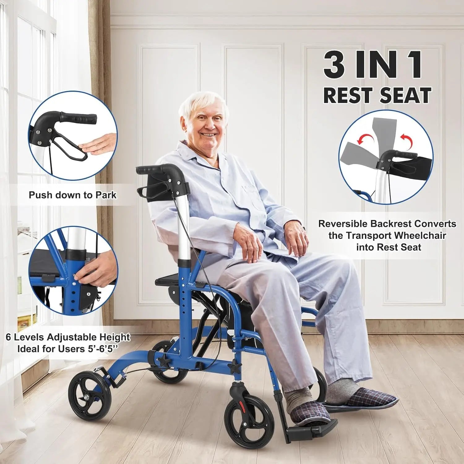 All Terrain Foldable Walker with Seat and Backrest. Adjustable Height