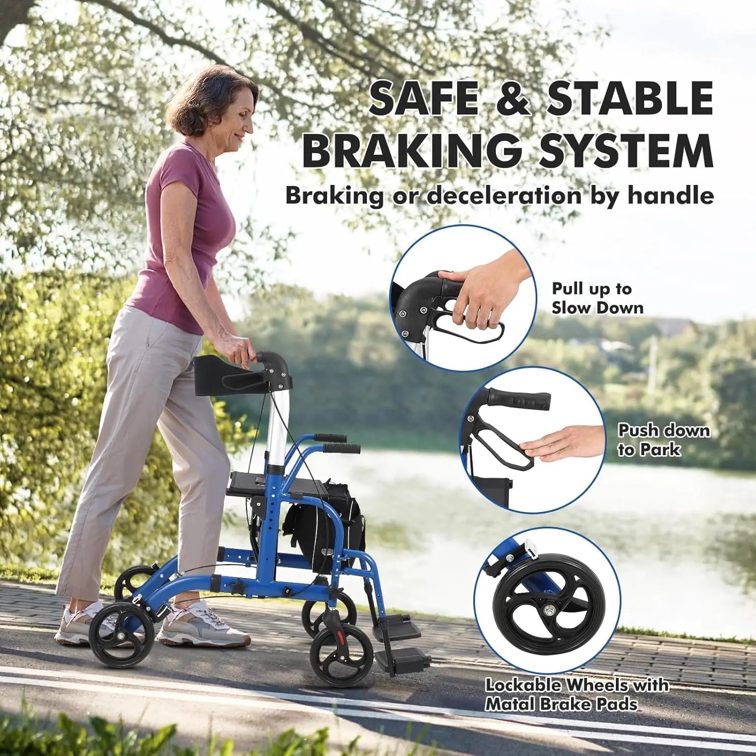 All Terrain Foldable Walker with Seat and Backrest. Adjustable Height