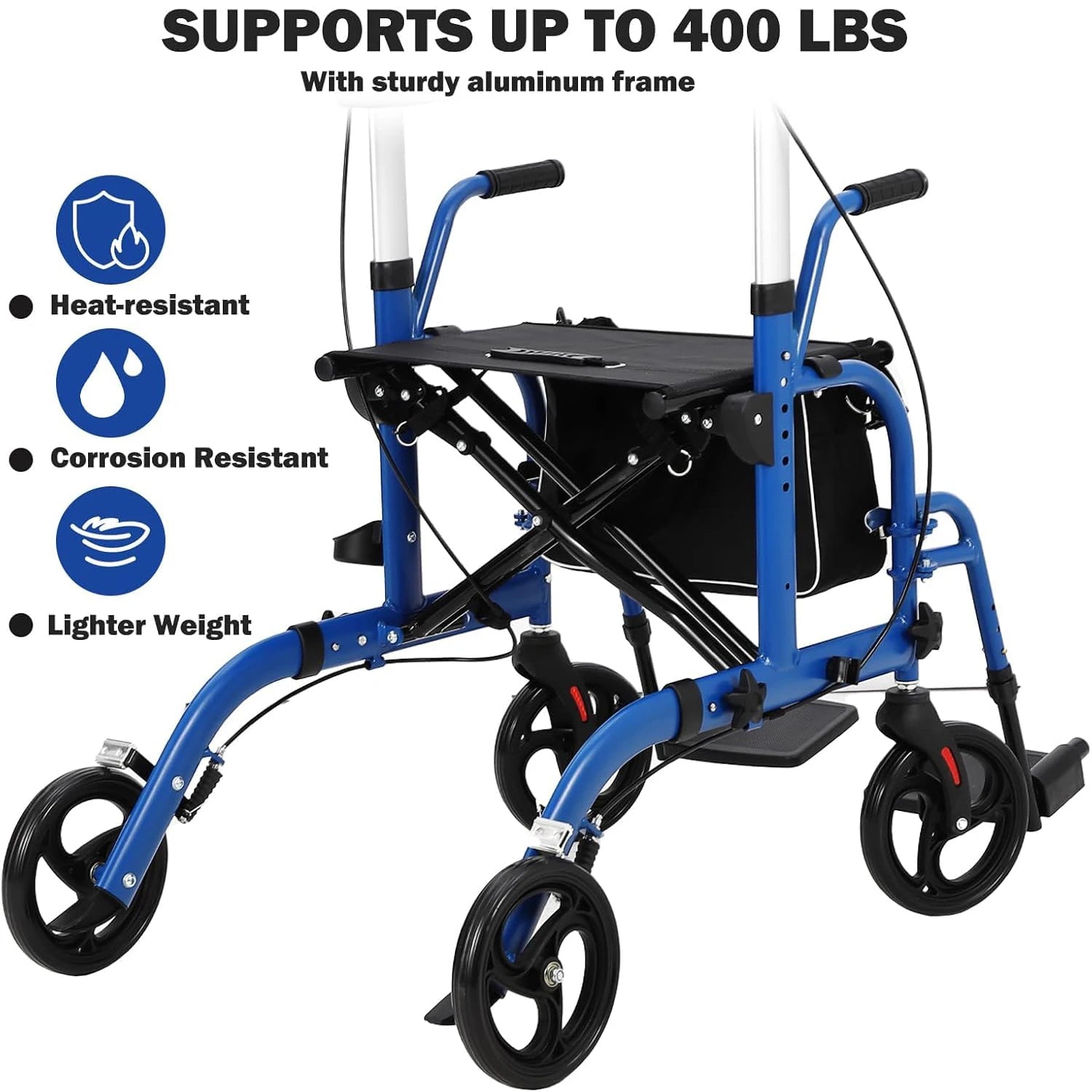 All Terrain Foldable Walker with Seat and Backrest. Adjustable Height