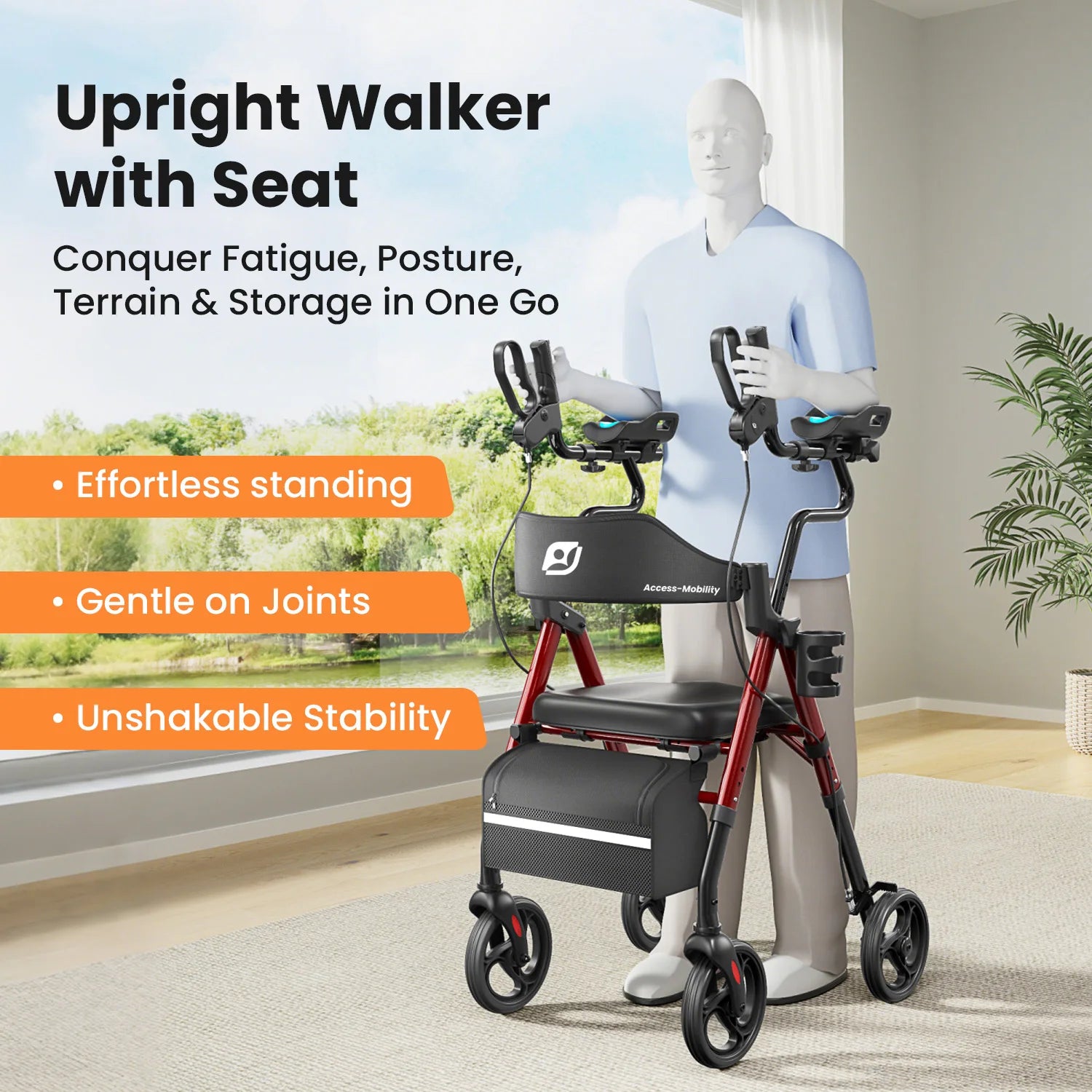 Stand Up Rollator Walker with Padded Seat and Backrest,