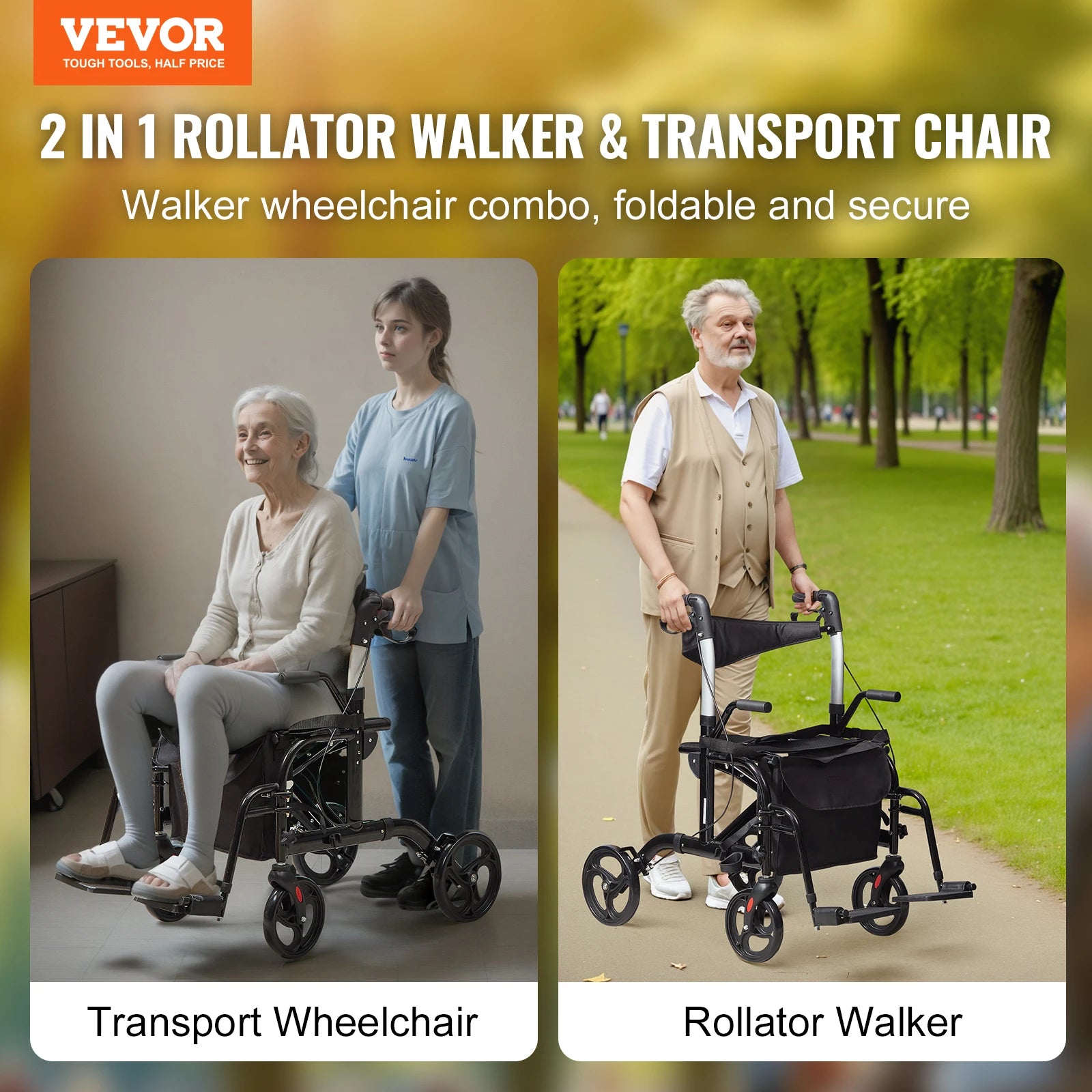 2 in 1 Folding Rollator Walker & Transport Chair.