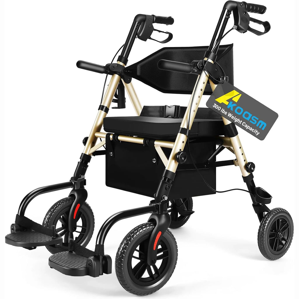 Lightweight 2 in 1 Rolling Walkers Wheelchair Combo for Adult, Transport Chair with Brakes, Adjustable Seat & Handle, 300lbs
