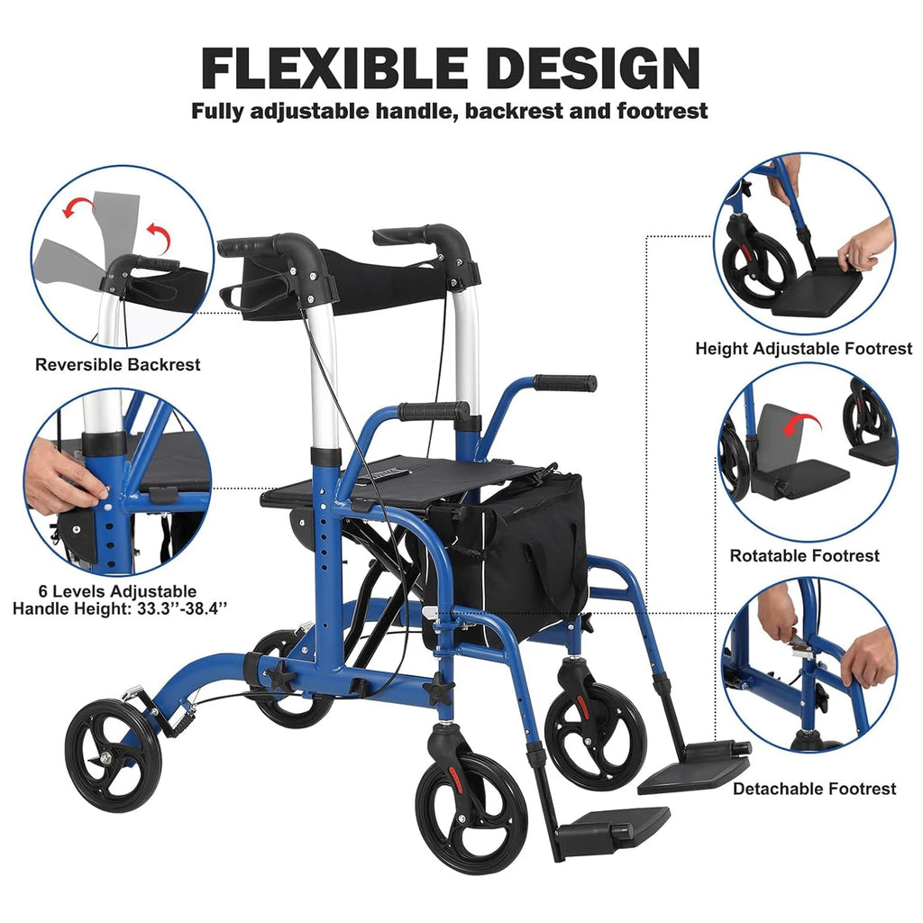 All Terrain Foldable Walker with Seat and Backrest. Adjustable Height